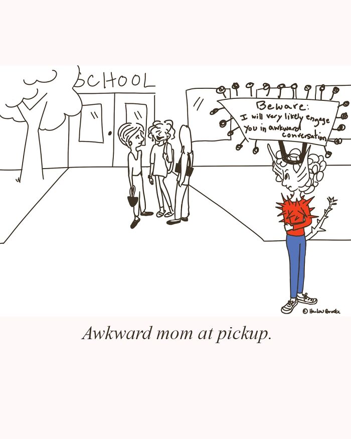 A relatable parenting comic showing an awkward mom at school pickup, holding a sign about engaging in conversation.