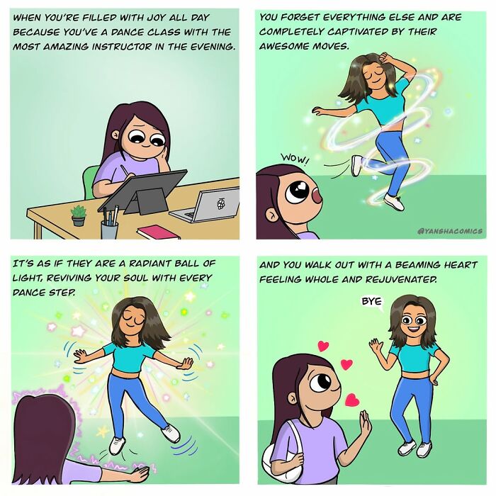 Adorable comics depicting the joy of dance and feeling rejuvenated, a form of self-love.
