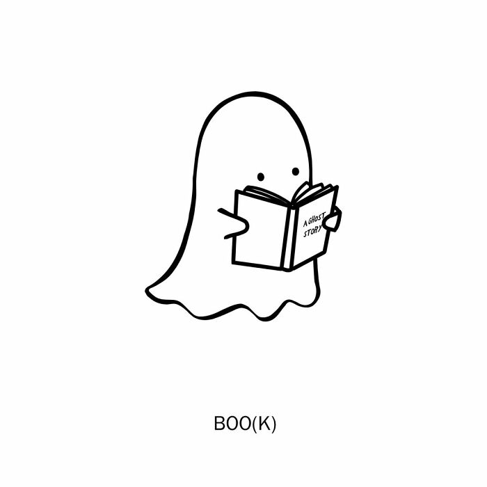 Humorous illustration by artist playfully redefining words: Boo(k), a ghost reading a book. New humorous illustrations.