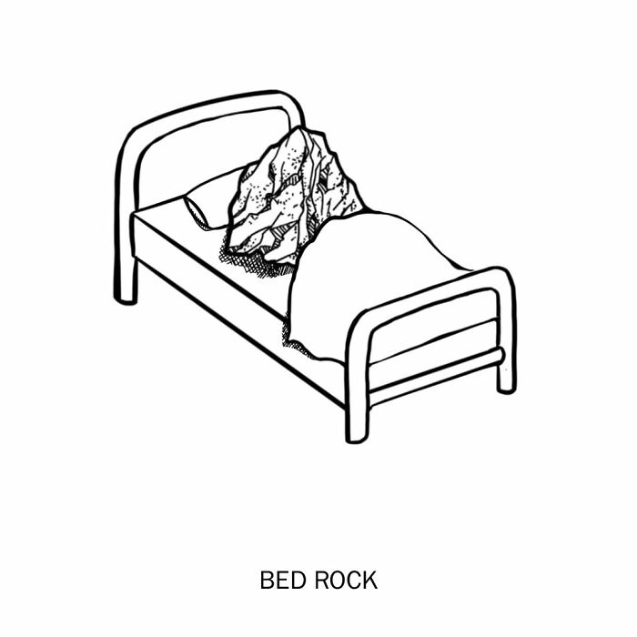 A humorous illustration of a large rock in a bed, playfully redefining words as BED ROCK.