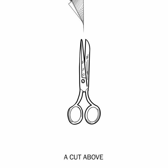 A humorous illustration of scissors cutting a piece of paper, playfully redefining words as A CUT ABOVE.