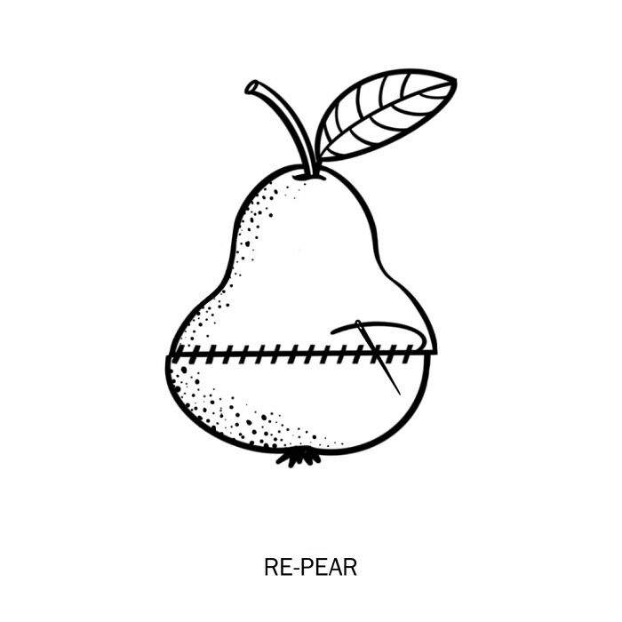 A humorous illustration of a pear being sewn together with a needle and thread, playfully redefining words as RE-PEAR.