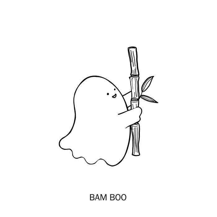 A humorous illustration of a friendly ghost holding a bamboo stick, playfully redefining words as BAM BOO.