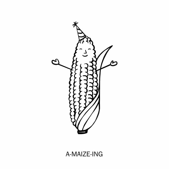 A humorous illustration of a corn on the cob wearing a party hat, playfully redefining words as A-MAIZE-ING.