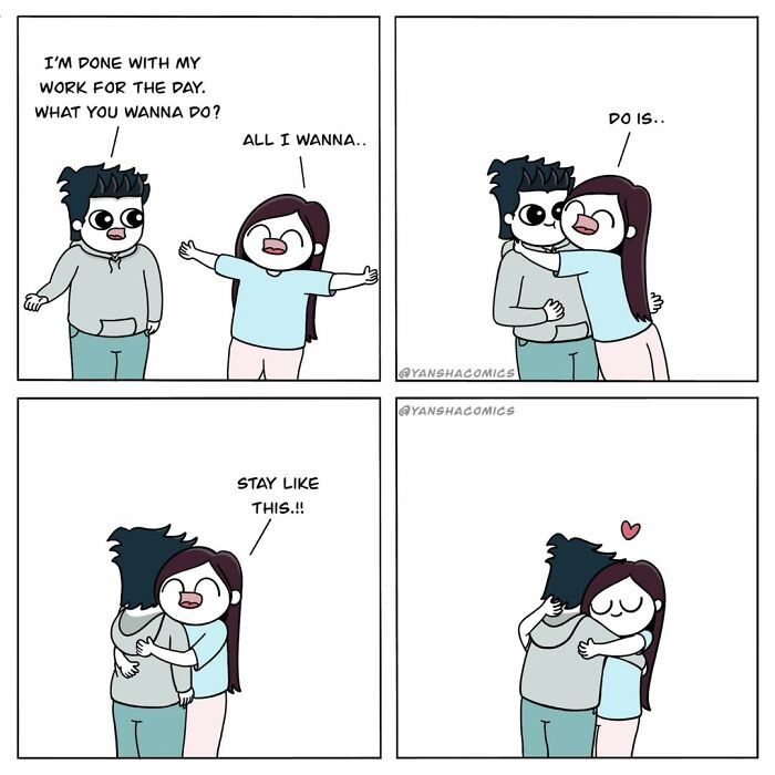 Adorable comics illustrating a couple hugging and finding comfort in each other's presence, signifying being in love.