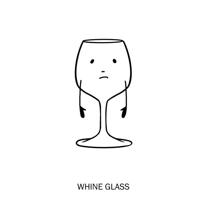A humorous illustration by an artist showing a sad wine glass, playfully redefining words.