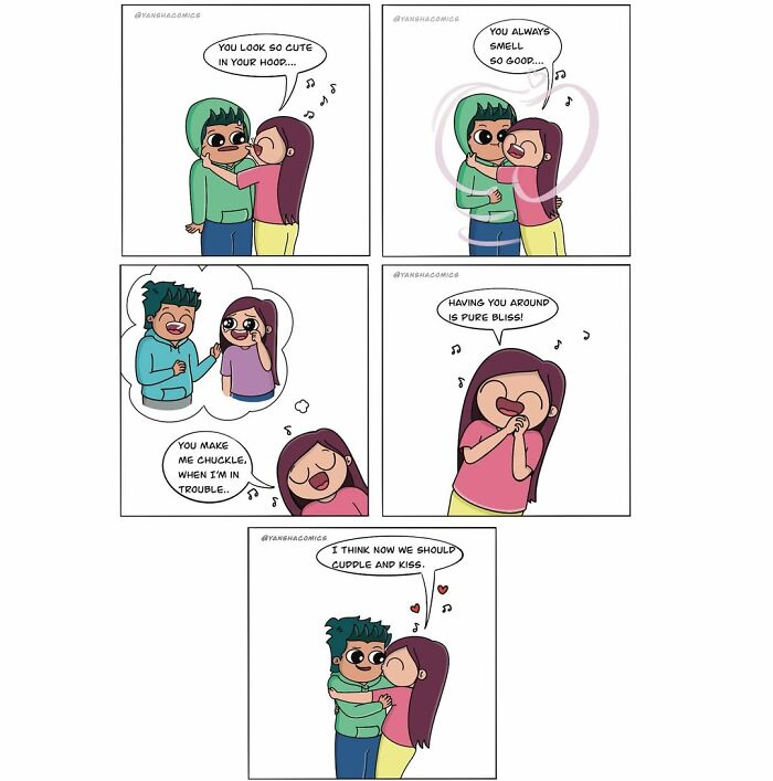 Adorable comics about being in love, showing a couple sharing sweet moments and affection.