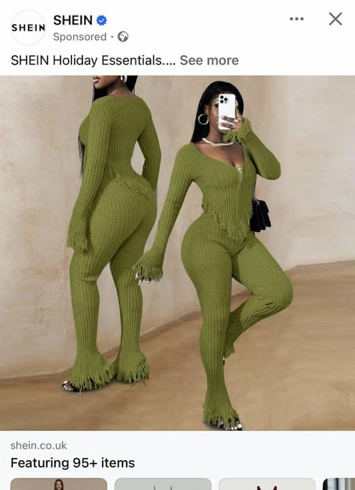 Two views of a woman wearing a tight, olive green, ribbed knit two-piece outfit with frayed edges, highlighting bad fashion crimes.