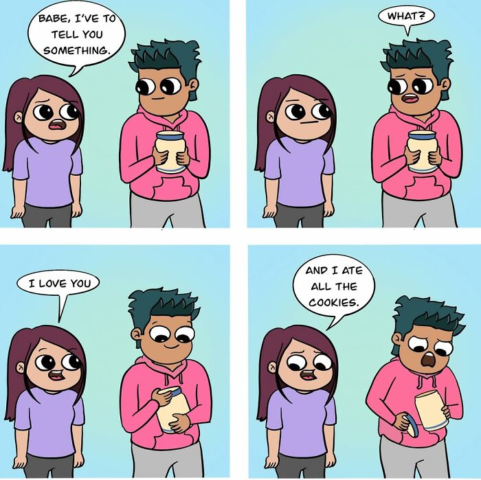 Adorable comics of a partner admitting to eating all the cookies, showcasing what it means to be in love.