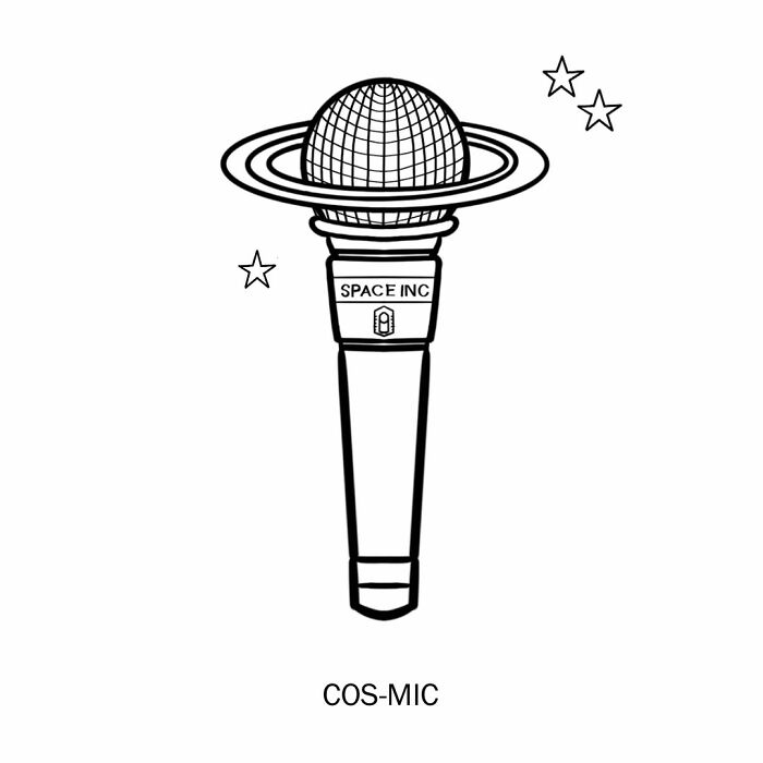 A humorous illustration by an artist showing a cosmic microphone with a planet and rings, playfully redefining words.