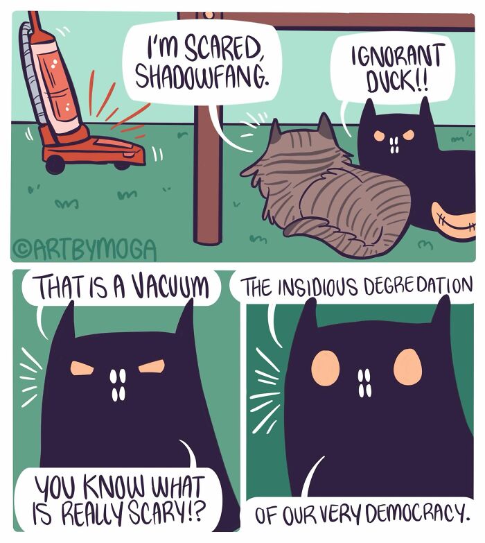 A comic about life with a cat: A black cat comforts Shadowfang during a vacuuming, discussing democracy.
