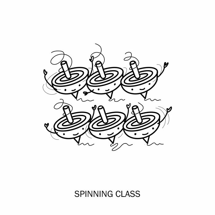 Humorous illustration of spinning class, a group of spinning tops, redefining words.
