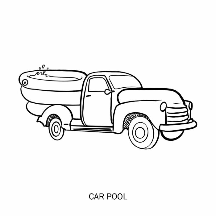 Humorous illustration of a car pool, a truck with a pool in its bed, redefining words.