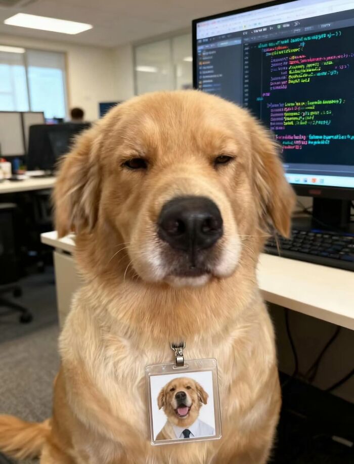 An absurd dog image featuring a golden retriever wearing an ID badge sitting at an office desk.