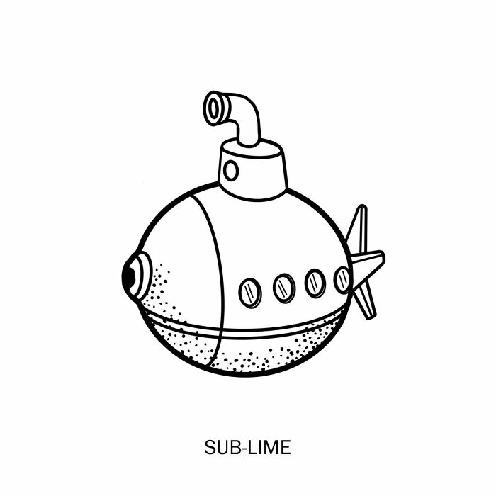 Humorous illustration by artist playfully redefining words: Sub-lime, a submarine shaped like a lime. New humorous illustrations.