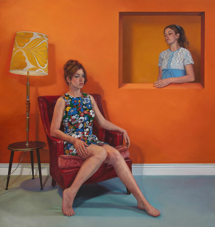 Hyperrealist paintings by Ian Cumberland: a woman in a floral dress seated, another woman in a window.