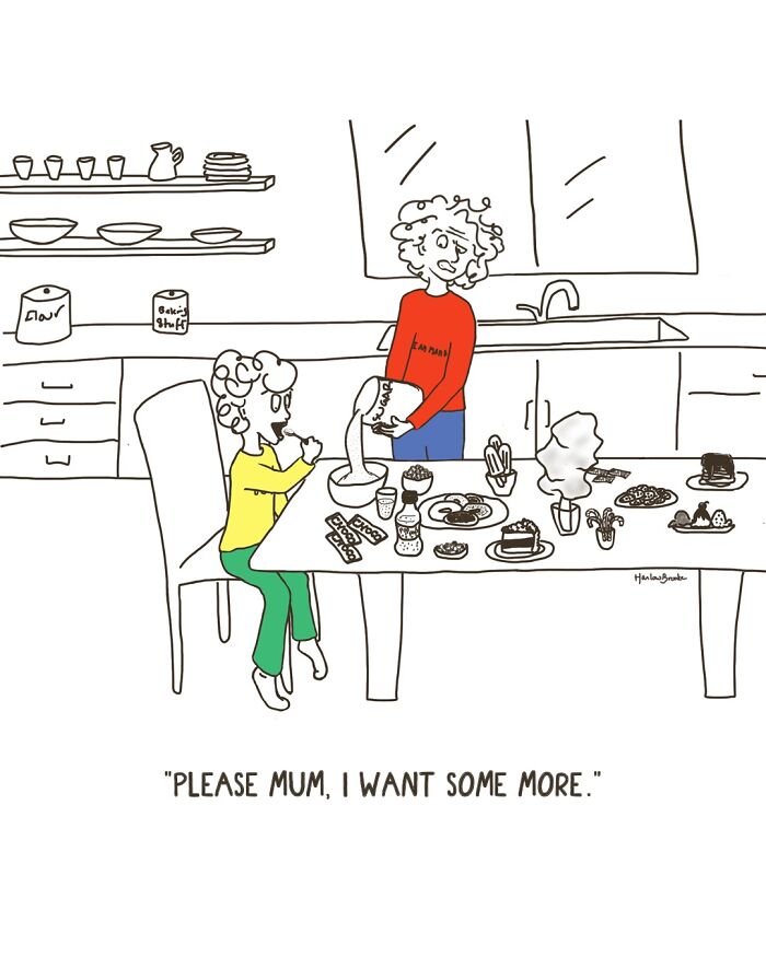 A relatable parenting comic showing a child demanding more food from a stressed parent in a messy kitchen.