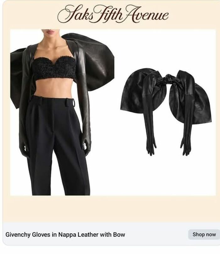 A black leather bolero with large puffed shoulders and long gloves, part of a bad fashion crimes collection.