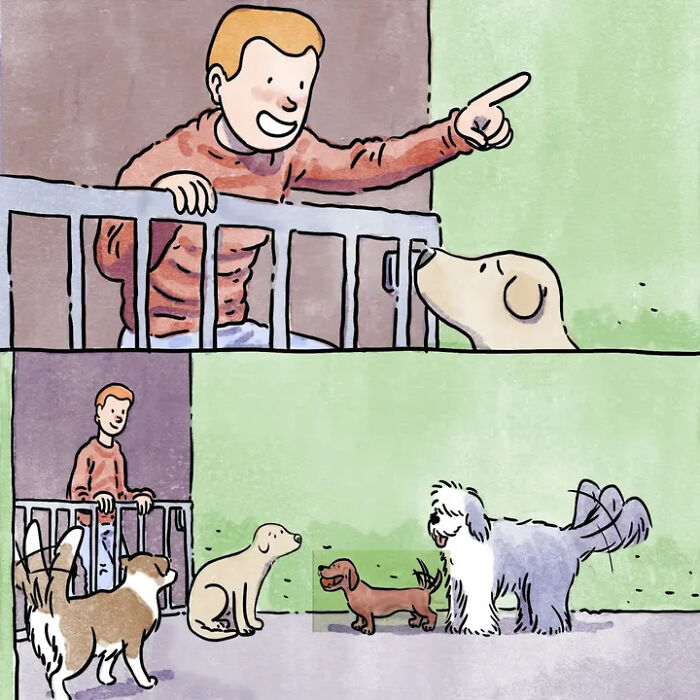 Heartwarming comics showing a man pointing at a small dog next to a larger dog, illustrating life with pets. Heartwarming comics showing a man pointing at a small dog next to a larger dog, illustrating life with pets.