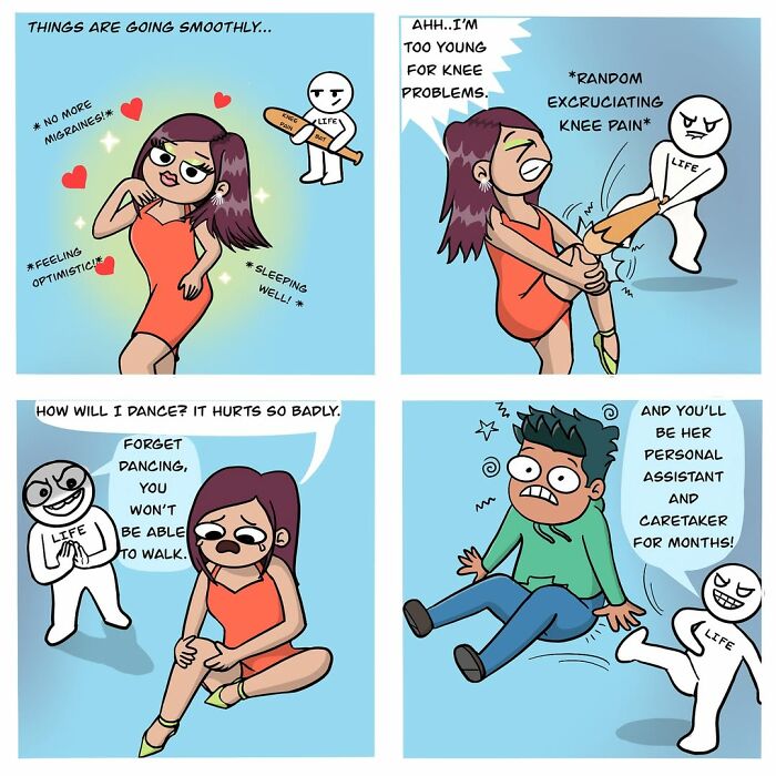 Adorable comics illustrating a character experiencing knee problems while another character, labeled Life, causes trouble, showing what it means to be in love.