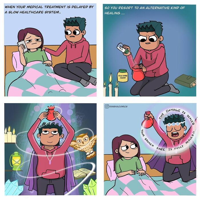 Adorable comics showing a person trying alternative healing methods for their partner, representing what it means to be in love.