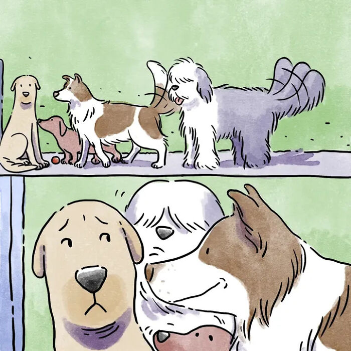 Heartwarming comics capturing life with pets: dogs of various breeds interacting, some looking sad. Heartwarming comics capturing life with pets: dogs of various breeds interacting, some looking sad.
