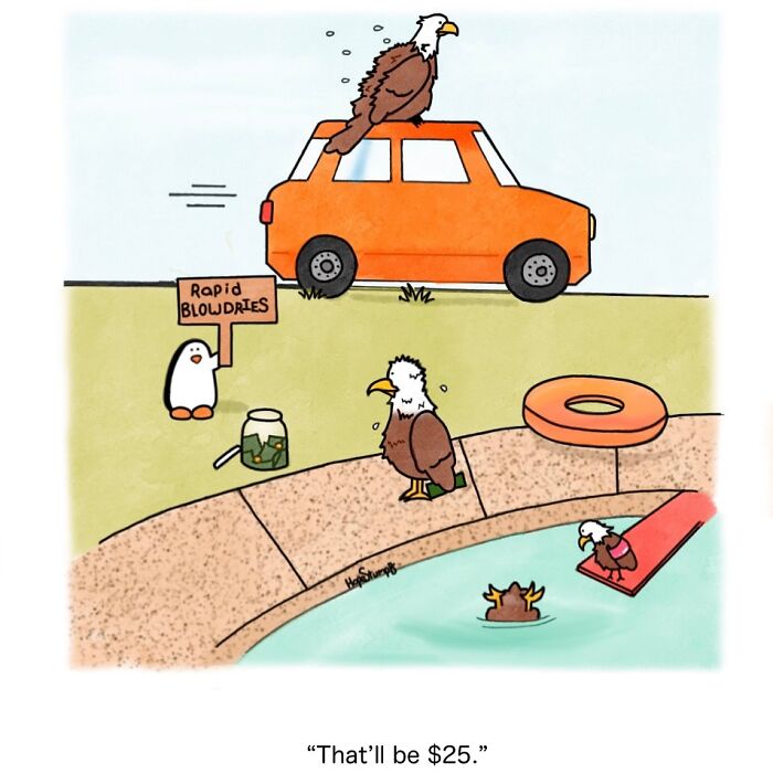 Funny one-panel comic with eagles and a penguin at a pool, with a bird on a car roof, bringing animals to life.