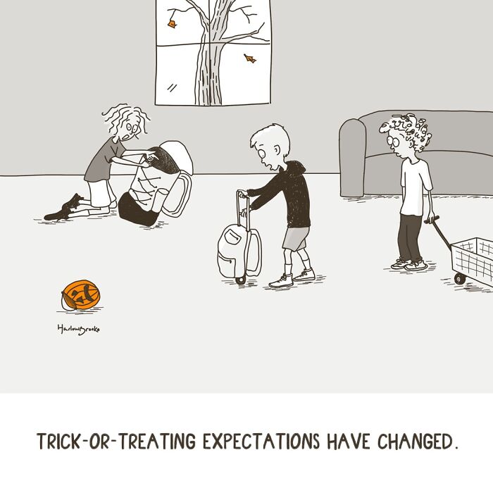 A relatable parenting comic by a cartoonist, illustrating children preparing for trick-or-treating with unusual items.