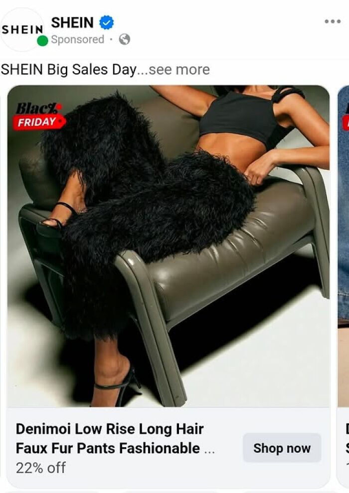 A person reclines wearing fuzzy black faux fur pants, showcasing a questionable fashion choice among bad fashion crimes.