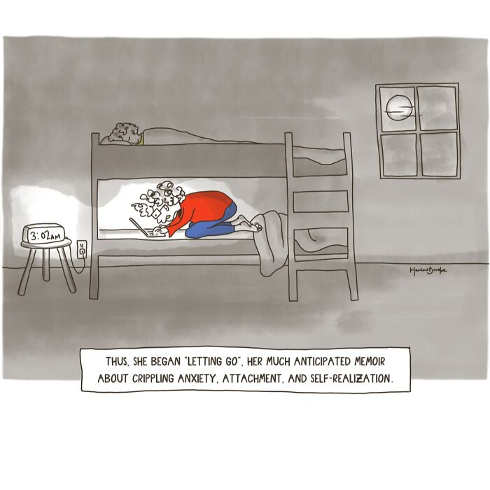 Cartoonist captures the messy side of parenting: a mom on a bunk bed at 3:02 AM, working on a laptop.
