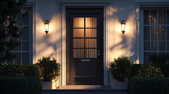 A warmly lit front door at night, emphasizing the importance of home safety tips for women. A warmly lit front door at night, emphasizing the importance of home safety tips for women.