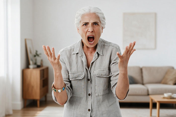 An angry MIL yells, throwing her hands up, in a brightly lit living room, ending visits forever by kicking a senior dog. An angry MIL yells, throwing her hands up, in a brightly lit living room, ending visits forever by kicking a senior dog.