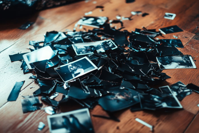 Shattered photo frames and pictures scattered on a wooden floor, representing a destroyed home. Shattered photo frames and pictures scattered on a wooden floor, representing a destroyed home.