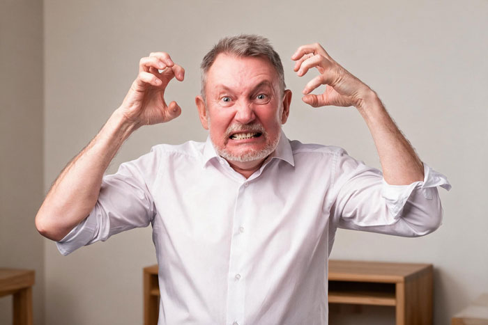 An angry dad, possibly tampering with his daughter's dessert, makes a fierce face, expressing anger.