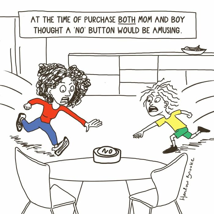 A relatable parenting comic by a cartoonist, showing a mother and son fighting over a 'NO' button.