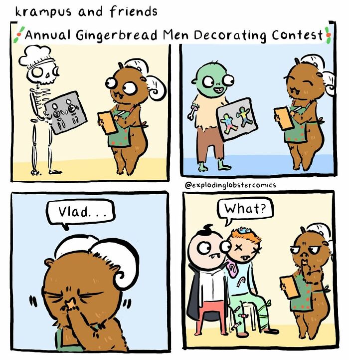 An artist's comics with cryptids and friends making questionable life choices in a gingerbread contest.
