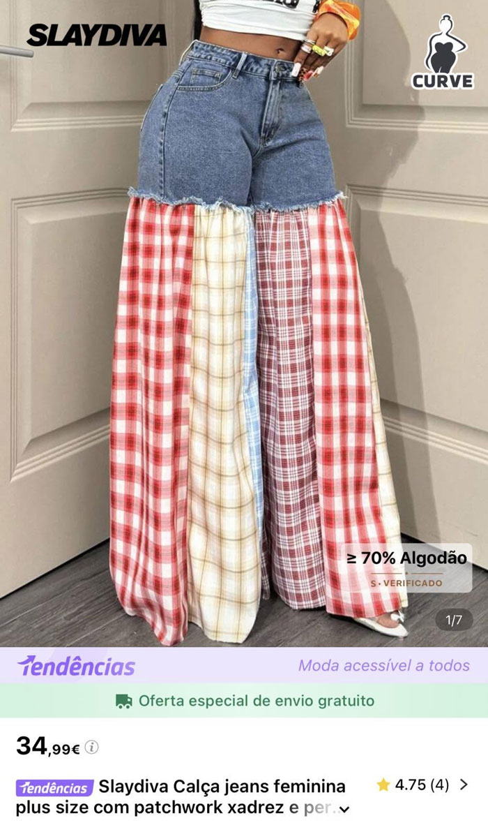 A person models wide-leg patchwork plaid jeans with denim shorts on top, highlighting a hilariously bad fashion crime.