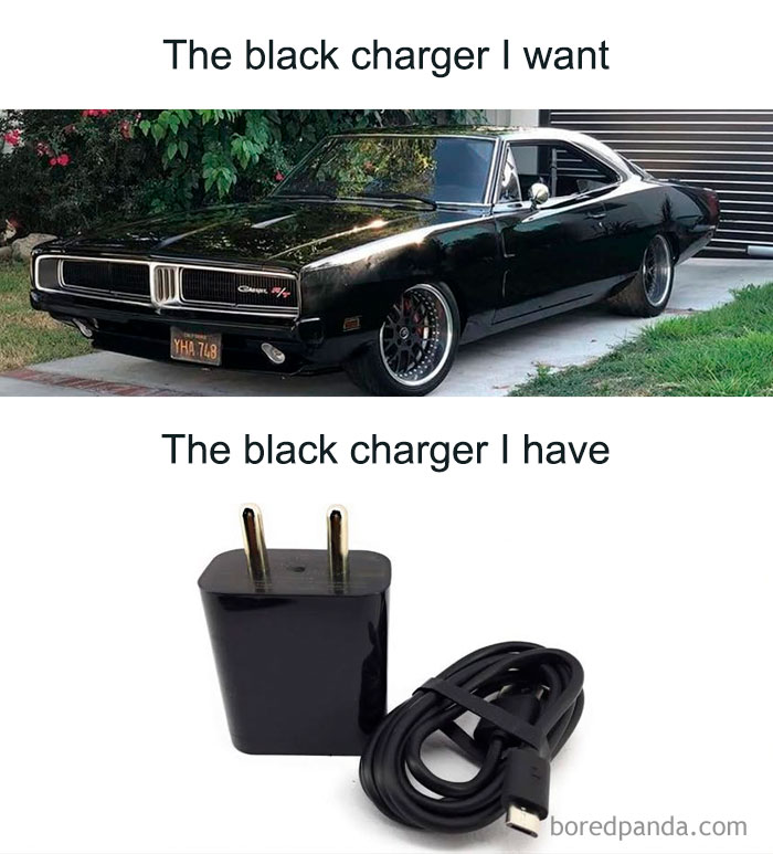 A meme comparing an ideal 80s black charger car to a mundane phone charger, highlighting '80s nostalgia.