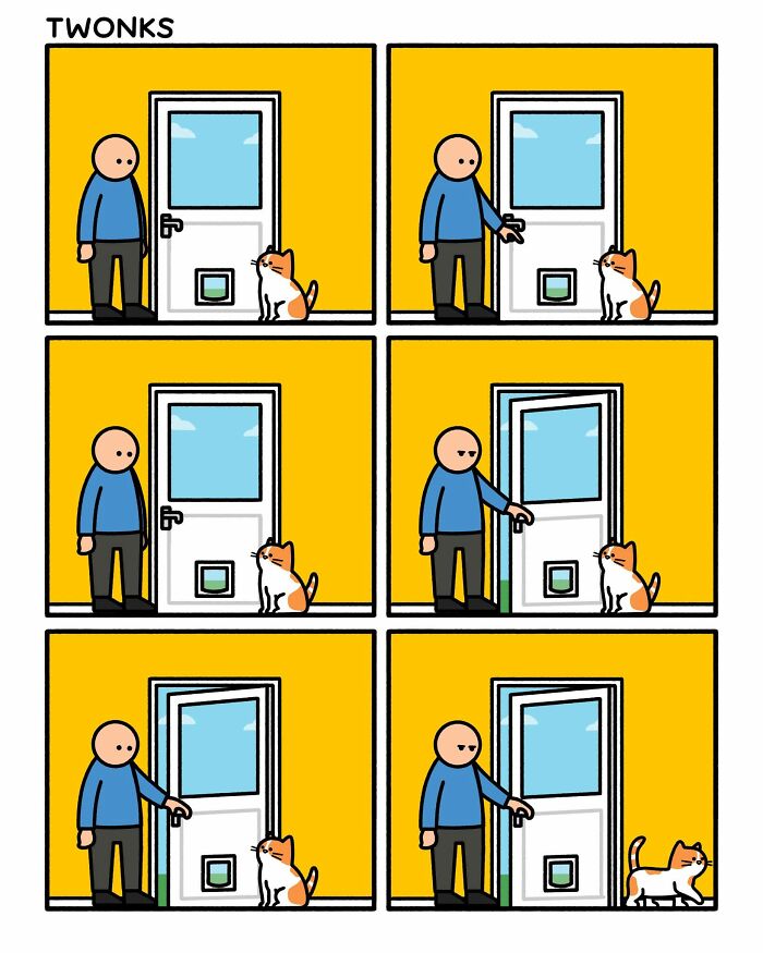 Funny cat comics: a person tries to close a door repeatedly while an orange and white cat walks through.