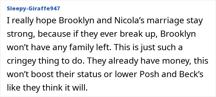 Excruciating wedding comment: hope Brooklyn and Nicola's marriage stays strong; they have money. Excruciating wedding comment: hope Brooklyn and Nicola's marriage stays strong; they have money.