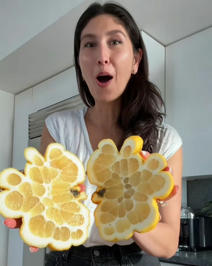 A surprised woman holding a strangely shaped, cut-open fruit, highlighting the TikTok trend exposing fake foods Americans eat everyday. A surprised woman holding a strangely shaped, cut-open fruit, highlighting the TikTok trend exposing fake foods Americans eat everyday.