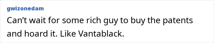 A comment about a rich person potentially buying patents for the new color Olo and hoarding it.