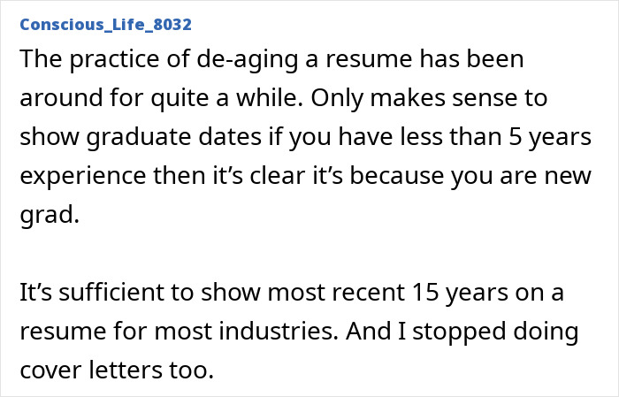 A Reddit comment details resume botoxing, advising to only show graduate dates for less than 5 years experience and the most recent 15 years.