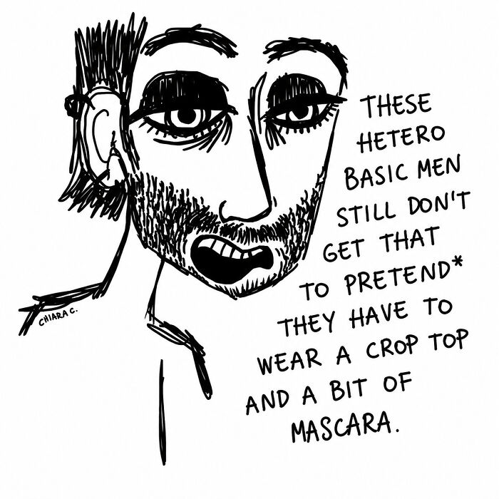 A woman's illustration of a man's face with text, highlighting societal perceptions for modern living.