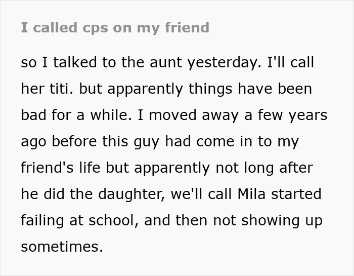 A section of the story: Woman makes friend of 20 years suffer for her daughter's problems, detailing CPS involvement. A section of the story: Woman makes friend of 20 years suffer for her daughter's problems, detailing CPS involvement.