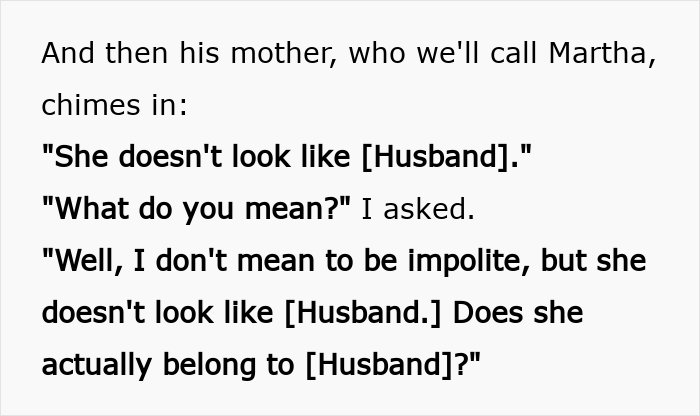A screenshot of text describing a MIL's invasive accusation about a baby not looking like her son after giving birth.