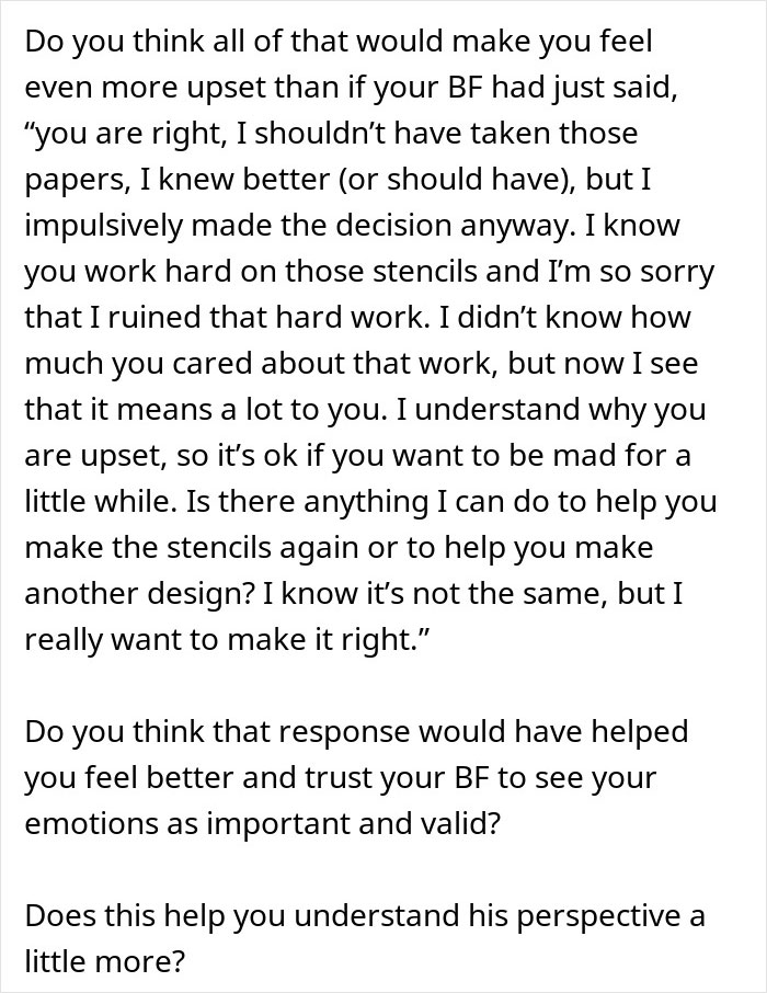 A woman reflects on how a guy's empathy and respect for boundaries could have prevented conflict.