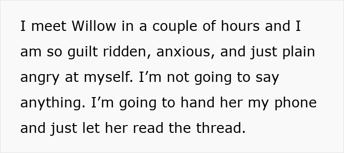 Text expressing guilt and anger before meeting Willow, planning to show her a thread about family vacation issues. Text expressing guilt and anger before meeting Willow, planning to show her a thread about family vacation issues.