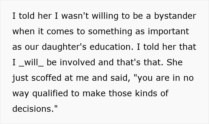 Mom discusses control over kid's education, wardrobe rights for wife.