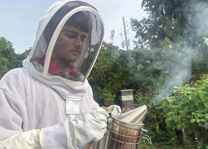 Florida teenager in a bee suit using a smoker for bee-saving, supporting honey production. Florida teenager in a bee suit using a smoker for bee-saving, supporting honey production.